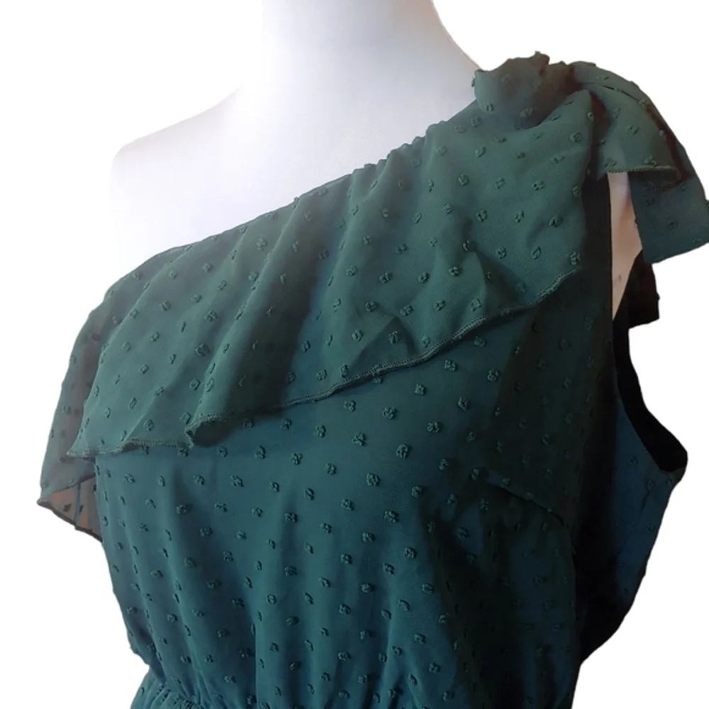 NWT BTFBM Green One Shoulder Tiered Frill Ruffle Swiss Dot Flowy Mini Dress L - Picture 4 of 10